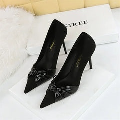 Suede Pumps Shallow Mouth Pointed Toe Bow knot High Heels Office Stilettos Design Party Single Shoes 2024