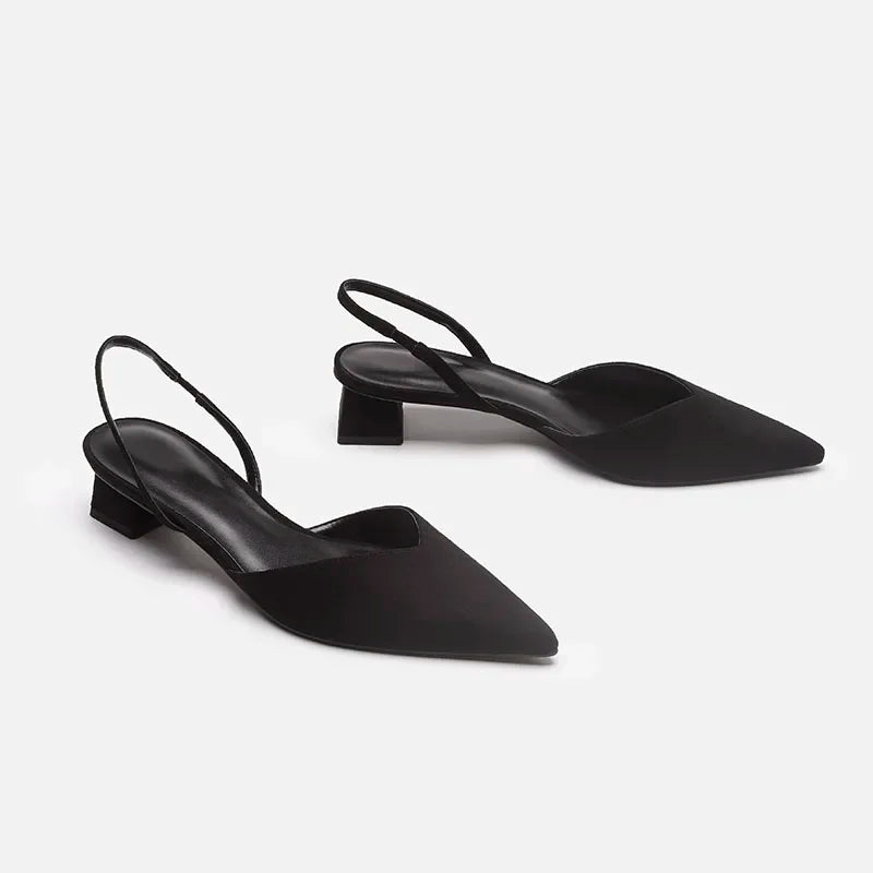Black Baotou Sandals Woman Heels Pumps Silk Sexy Pointed Female Low Heels Shoes