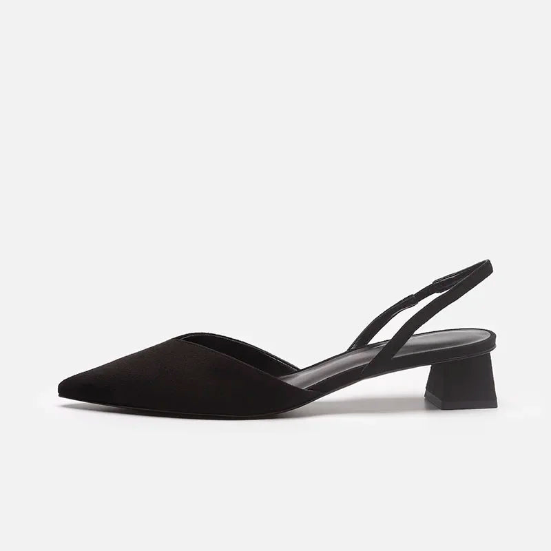Black Baotou Sandals Woman Heels Pumps Silk Sexy Pointed Female Low Heels Shoes