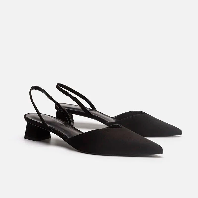 Black Baotou Sandals Woman Heels Pumps Silk Sexy Pointed Female Low Heels Shoes