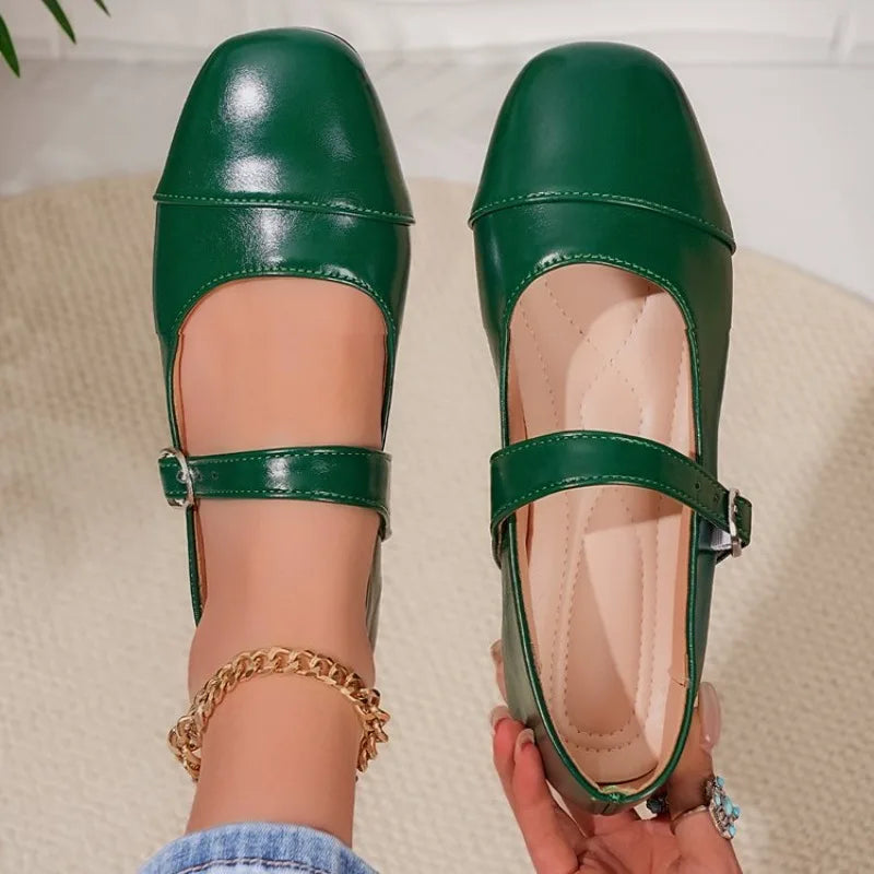 Buckle Latch Flat Base Shoes Girl Relaxation Round Toe Mary Jane Leather Comfort Flat Base Shoes