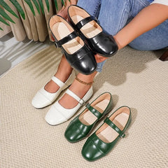 Buckle Latch Flat Base Shoes Girl Relaxation Round Toe Mary Jane Leather Comfort Flat Base Shoes