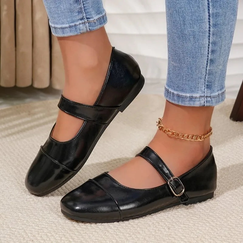Buckle Latch Flat Base Shoes Girl Relaxation Round Toe Mary Jane Leather Comfort Flat Base Shoes