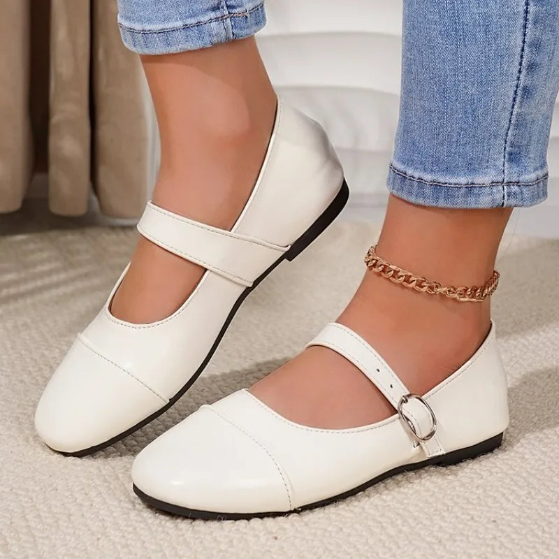 Buckle Latch Flat Base Shoes Girl Relaxation Round Toe Mary Jane Leather Comfort Flat Base Shoes