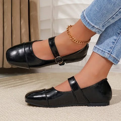 Buckle Latch Flat Base Shoes Girl Relaxation Round Toe Mary Jane Leather Comfort Flat Base Shoes
