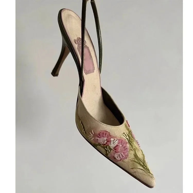 Chinese Shallow Mouth Baojiao Sandals Embroidery Pointy Stiletto Heels Style Hanfu Shoes Chinese Classical