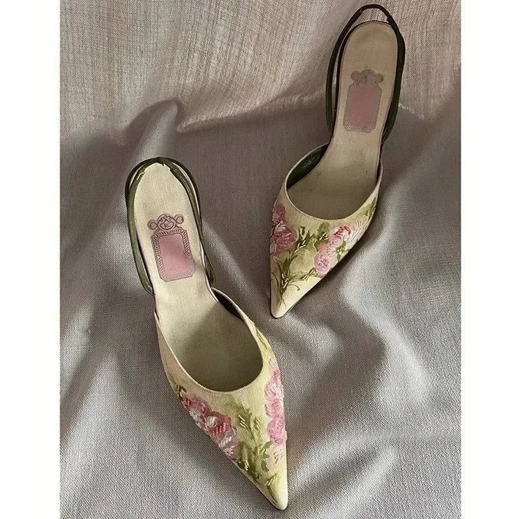 Chinese Shallow Mouth Baojiao Sandals Embroidery Pointy Stiletto Heels Style Hanfu Shoes Chinese Classical