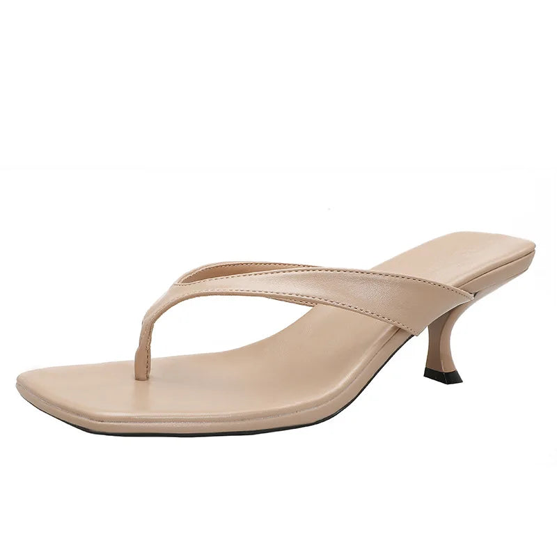 Soft Leather Square Toe Cat with Flip-flops Thin Belt Thin Heel Soft Sole Flip-flops