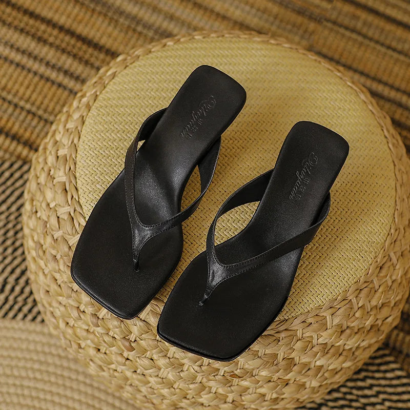 Soft Leather Square Toe Cat with Flip-flops Thin Belt Thin Heel Soft Sole Flip-flops