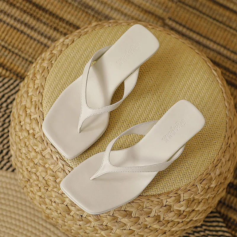 Soft Leather Square Toe Cat with Flip-flops Thin Belt Thin Heel Soft Sole Flip-flops