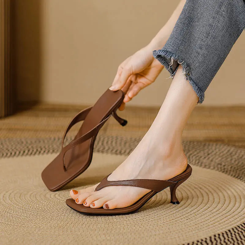 Soft Leather Square Toe Cat with Flip-flops Thin Belt Thin Heel Soft Sole Flip-flops