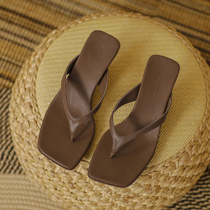 Soft Leather Square Toe Cat with Flip-flops Thin Belt Thin Heel Soft Sole Flip-flops