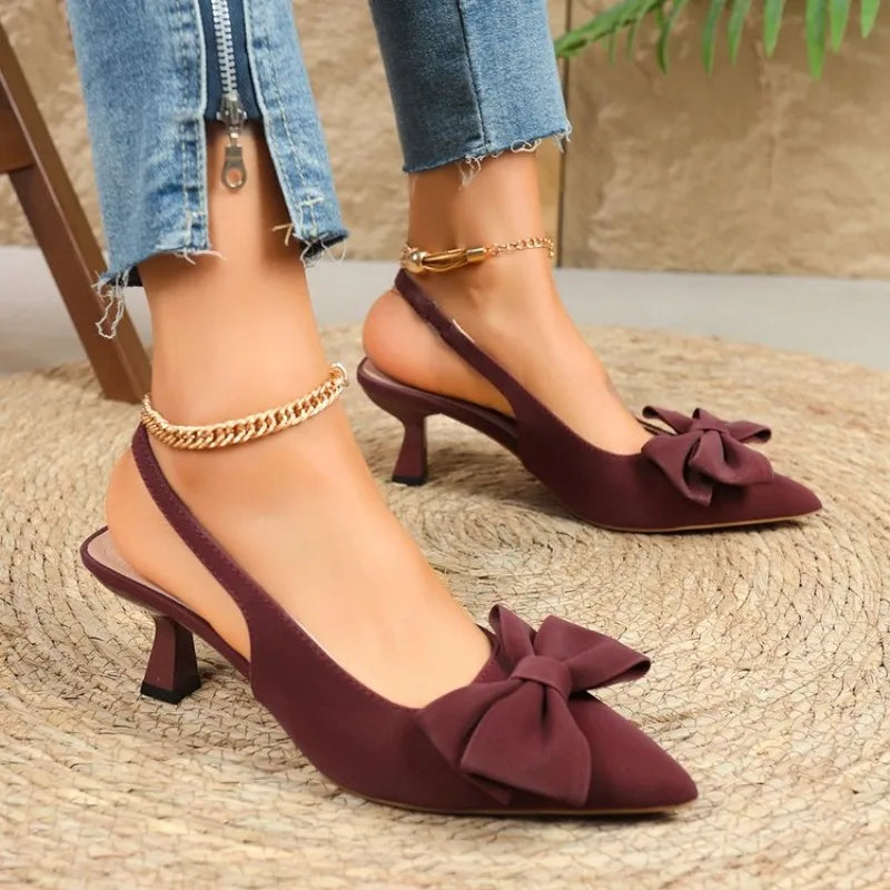 Hot-selling Pointed Toe French Shallow Mouth Slip-on Sandals Fashionable Bow-decorated High-heeled Sandals