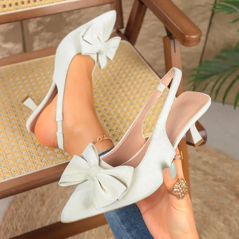 Hot-selling Pointed Toe French Shallow Mouth Slip-on Sandals Fashionable Bow-decorated High-heeled Sandals
