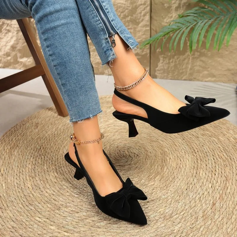 Hot-selling Pointed Toe French Shallow Mouth Slip-on Sandals Fashionable Bow-decorated High-heeled Sandals