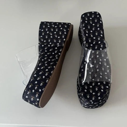 Platform Wedge Slides Clear Transparent Strap Open Toe Slip on Mules Casual Thick Sole Slippers Sandals