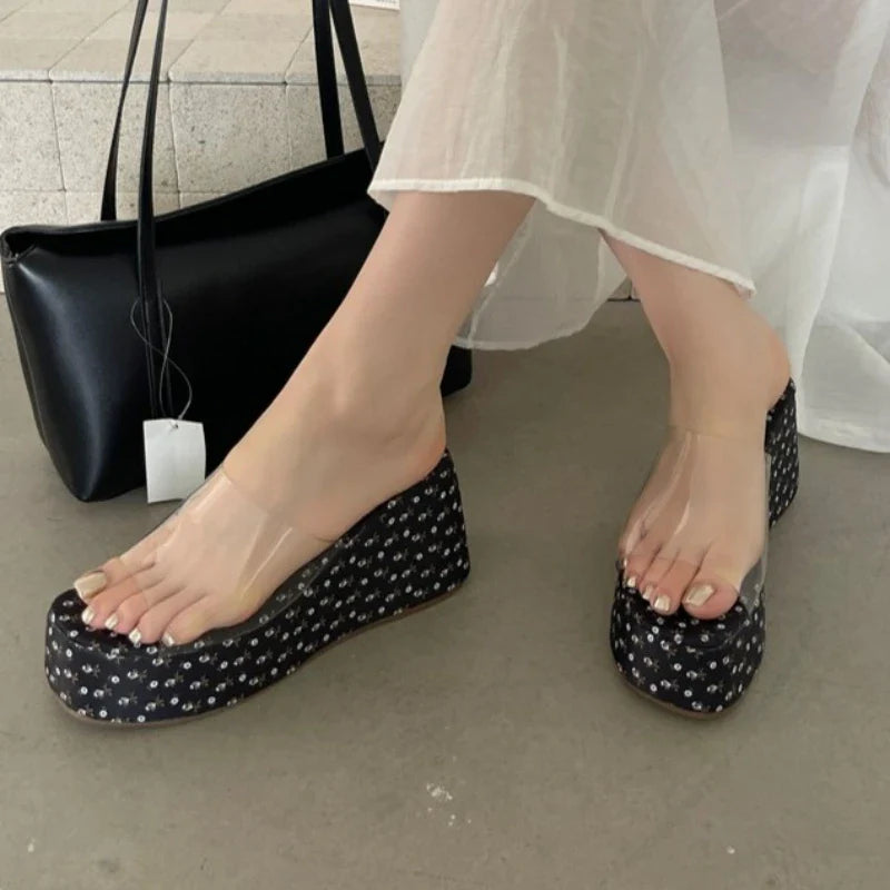 Platform Wedge Slides Clear Transparent Strap Open Toe Slip on Mules Casual Thick Sole Slippers Sandals