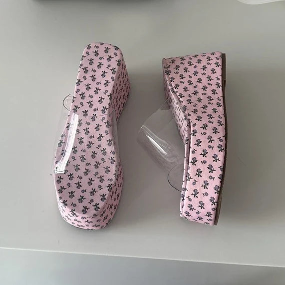 Platform Wedge Slides Clear Transparent Strap Open Toe Slip on Mules Casual Thick Sole Slippers Sandals