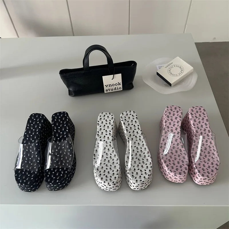 Platform Wedge Slides Clear Transparent Strap Open Toe Slip on Mules Casual Thick Sole Slippers Sandals