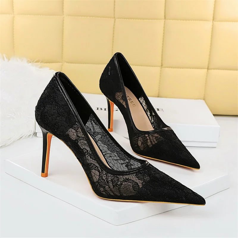 Wine Red Lace Flower Pumps Shallow Mouth Mesh Hollow High Heel Party Single Shoes Stilettos Pointed Toe Pumps