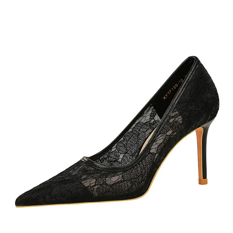 Wine Red Lace Flower Pumps Shallow Mouth Mesh Hollow High Heel Party Single Shoes Stilettos Pointed Toe Pumps