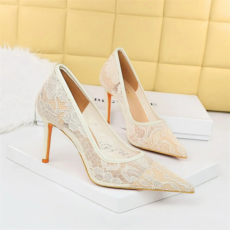 Wine Red Lace Flower Pumps Shallow Mouth Mesh Hollow High Heel Party Single Shoes Stilettos Pointed Toe Pumps