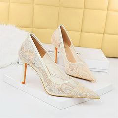 Wine Red Lace Flower Pumps Shallow Mouth Mesh Hollow High Heel Party Single Shoes Stilettos Pointed Toe Pumps