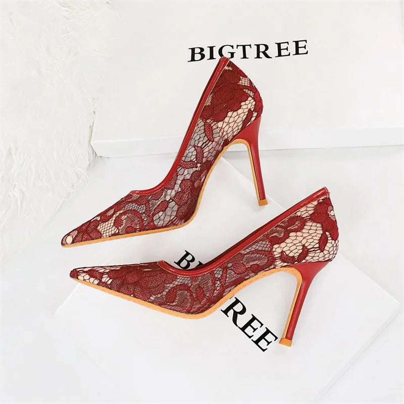 Wine Red Lace Flower Pumps Shallow Mouth Mesh Hollow High Heel Party Single Shoes Stilettos Pointed Toe Pumps