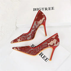 Wine Red Lace Flower Pumps Shallow Mouth Mesh Hollow High Heel Party Single Shoes Stilettos Pointed Toe Pumps