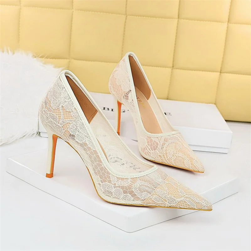 Wine Red Lace Flower Pumps Shallow Mouth Mesh Hollow High Heel Party Single Shoes Stilettos Pointed Toe Pumps