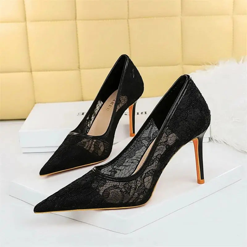 Wine Red Lace Flower Pumps Shallow Mouth Mesh Hollow High Heel Party Single Shoes Stilettos Pointed Toe Pumps