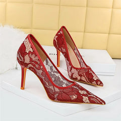 Wine Red Lace Flower Pumps Shallow Mouth Mesh Hollow High Heel Party Single Shoes Stilettos Pointed Toe Pumps