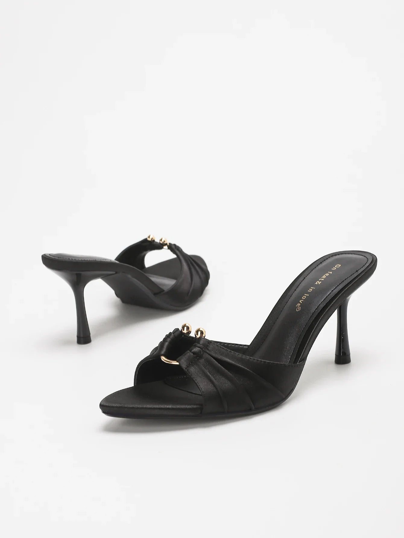 Stylish Elegant Satin Ruched Metal Round Buckle Open Toe Stiletto Heel Mule Sandals - Perfect Pairing with Dr