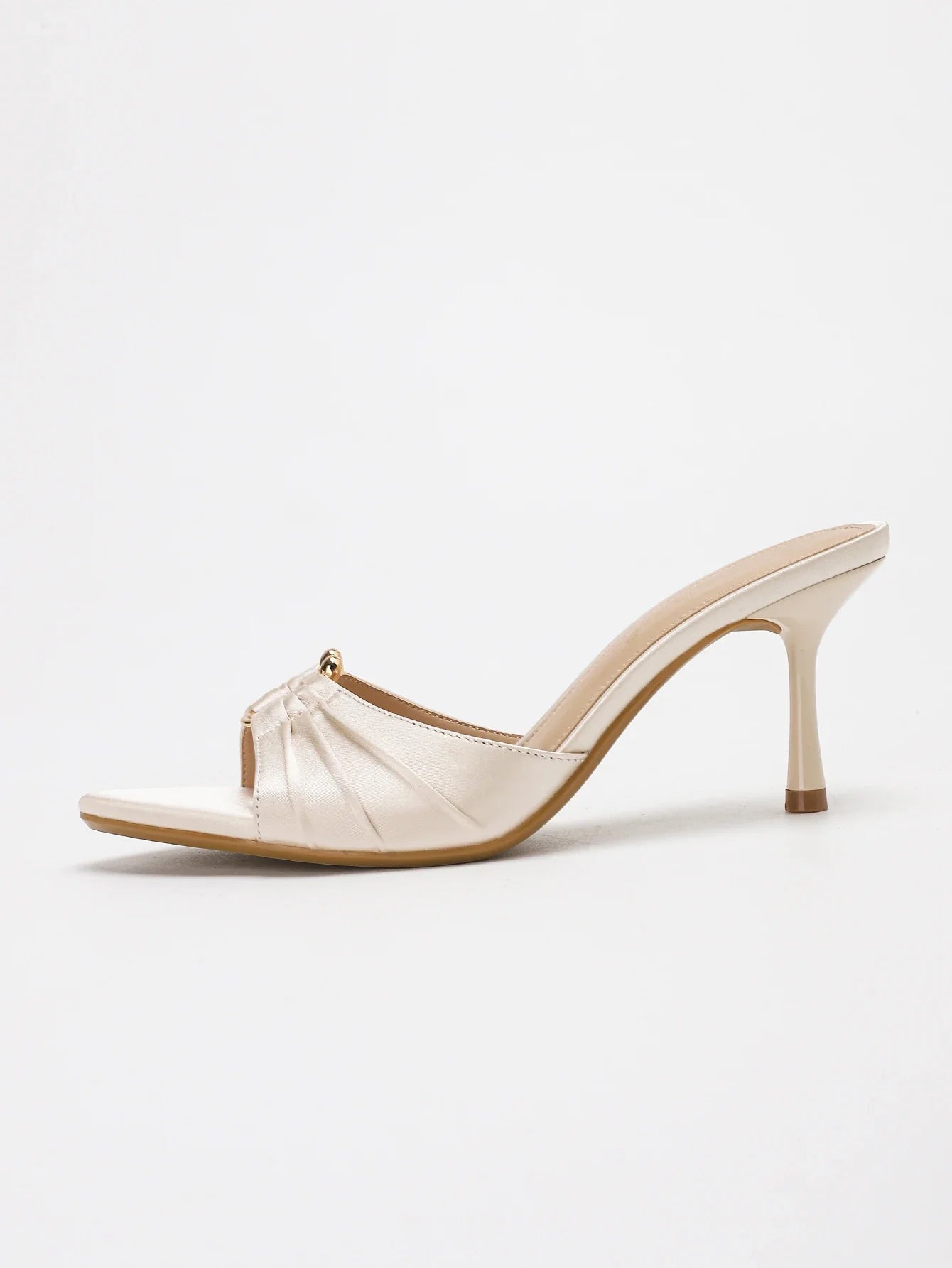 Stylish Elegant Satin Ruched Metal Round Buckle Open Toe Stiletto Heel Mule Sandals - Perfect Pairing with Dr