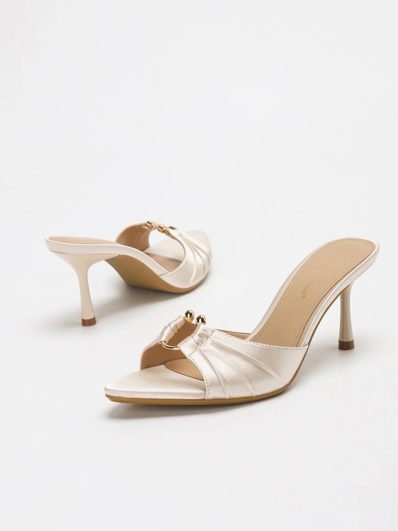 Stylish Elegant Satin Ruched Metal Round Buckle Open Toe Stiletto Heel Mule Sandals - Perfect Pairing with Dr