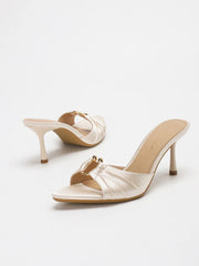 Stylish Elegant Satin Ruched Metal Round Buckle Open Toe Stiletto Heel Mule Sandals - Perfect Pairing with Dr