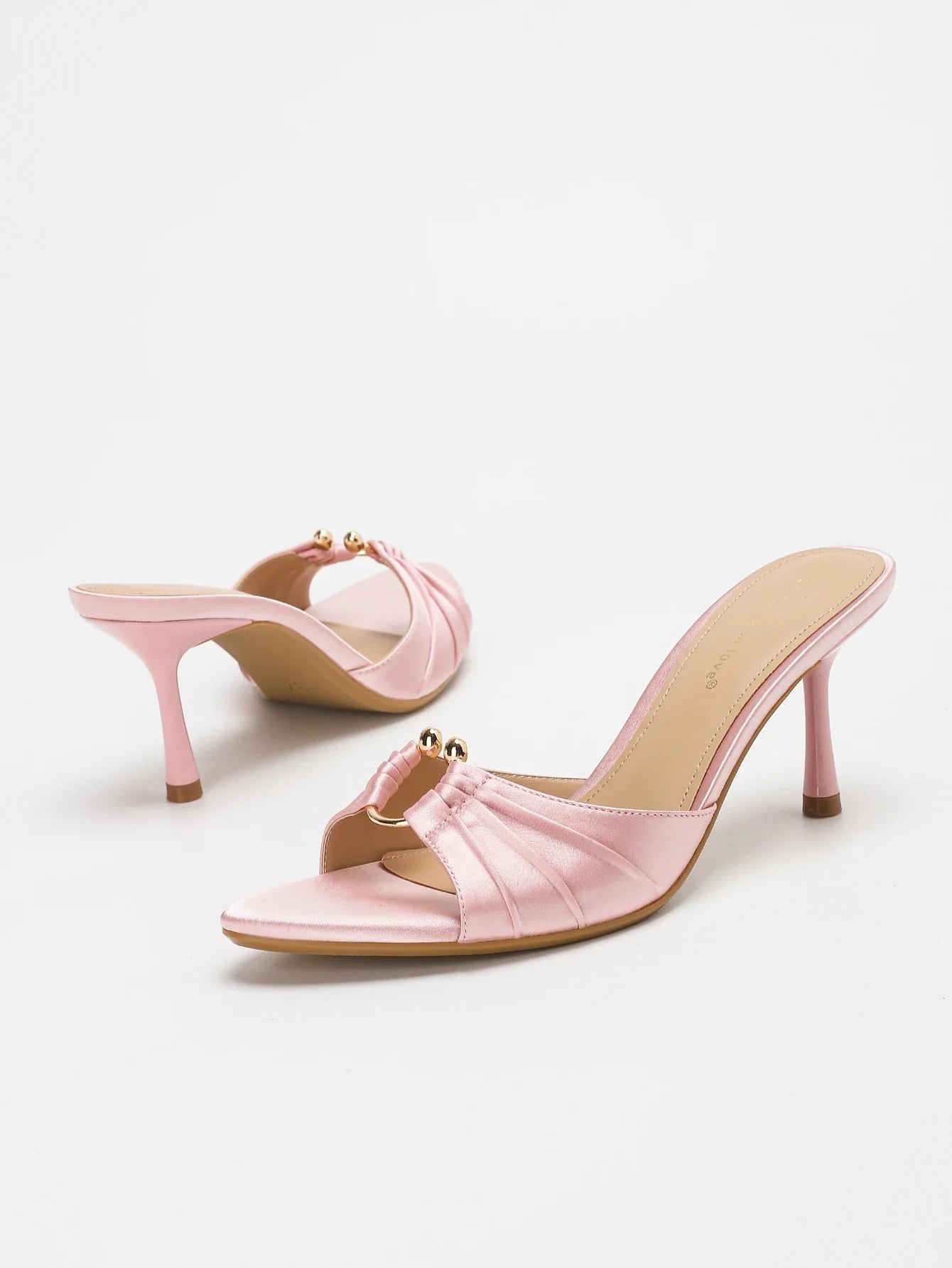 Stylish Elegant Satin Ruched Metal Round Buckle Open Toe Stiletto Heel Mule Sandals - Perfect Pairing with Dr