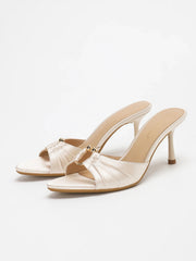 Stylish Elegant Satin Ruched Metal Round Buckle Open Toe Stiletto Heel Mule Sandals - Perfect Pairing with Dr