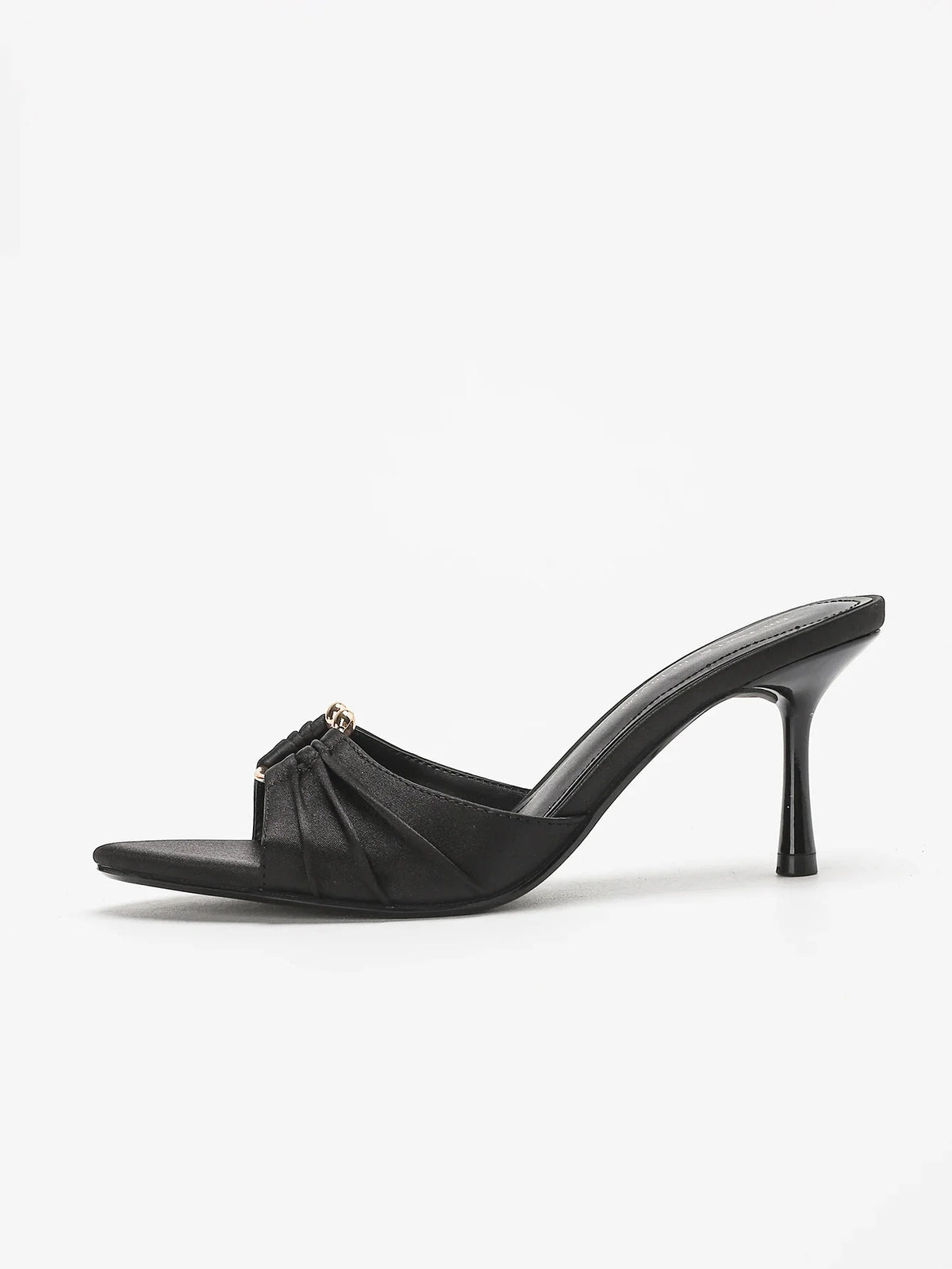 Stylish Elegant Satin Ruched Metal Round Buckle Open Toe Stiletto Heel Mule Sandals - Perfect Pairing with Dr