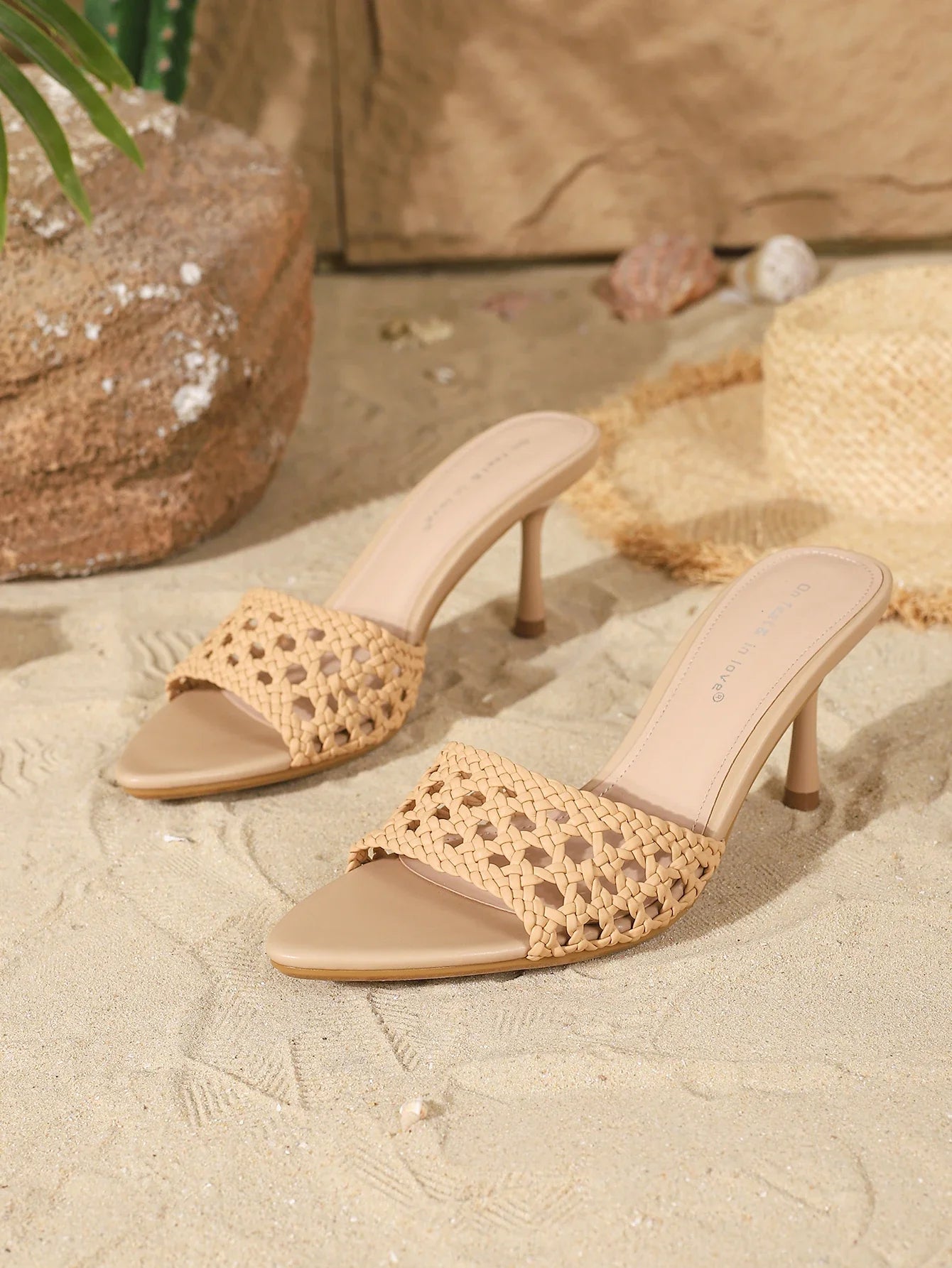 Stylish Elegant Woven Cutout Single Strap Low-Cut Open Toe Stiletto Heel Mule Sandals