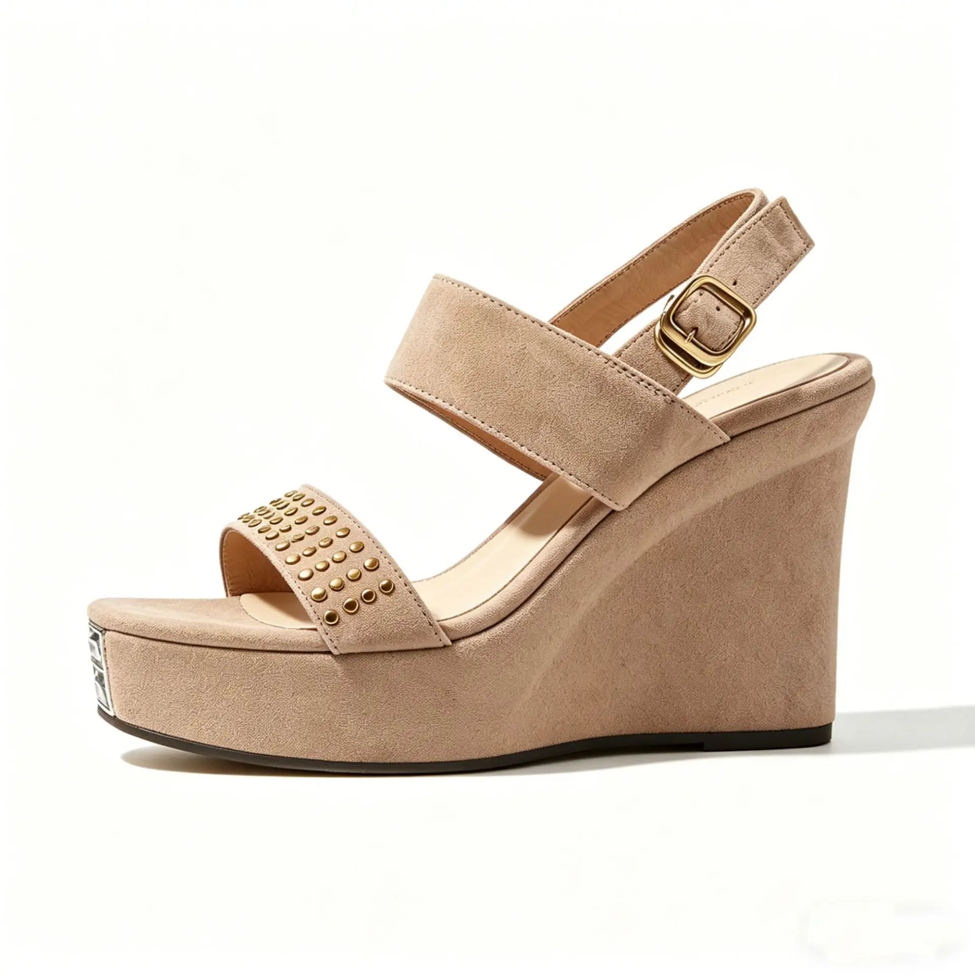 genuine leather suede rivets platform wedge sandals square head wedge buckle strap sandals Roman sling back sandals