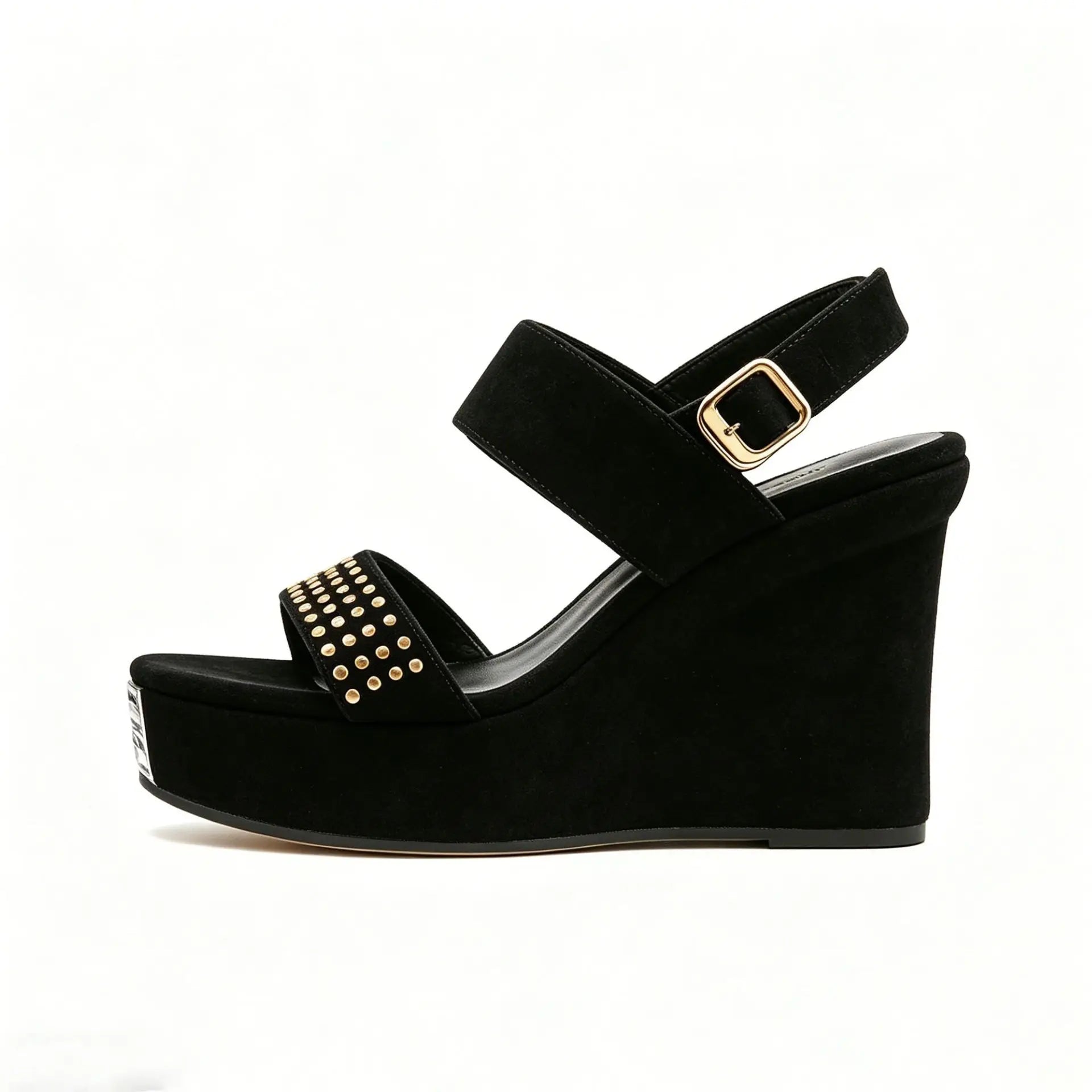 genuine leather suede rivets platform wedge sandals square head wedge buckle strap sandals Roman sling back sandals