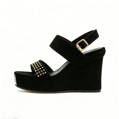 genuine leather suede rivets platform wedge sandals square head wedge buckle strap sandals Roman sling back sandals