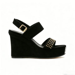genuine leather suede rivets platform wedge sandals square head wedge buckle strap sandals Roman sling back sandals
