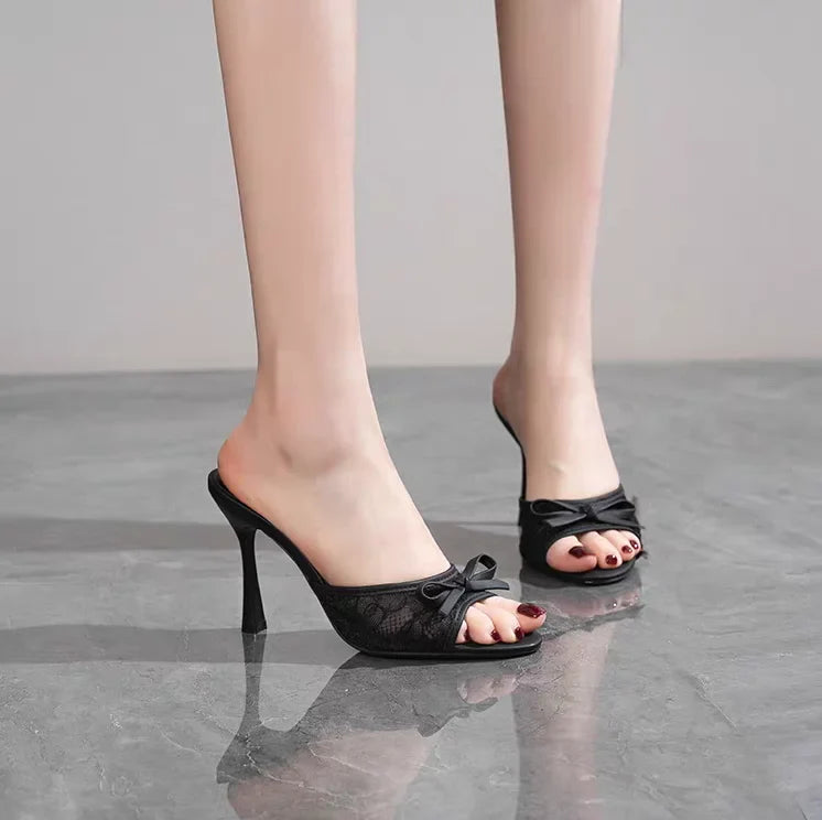 Sweet bow-shaped one-piece low-heeled slipper with thin straps - sexy lace open-toe slip-on high heels