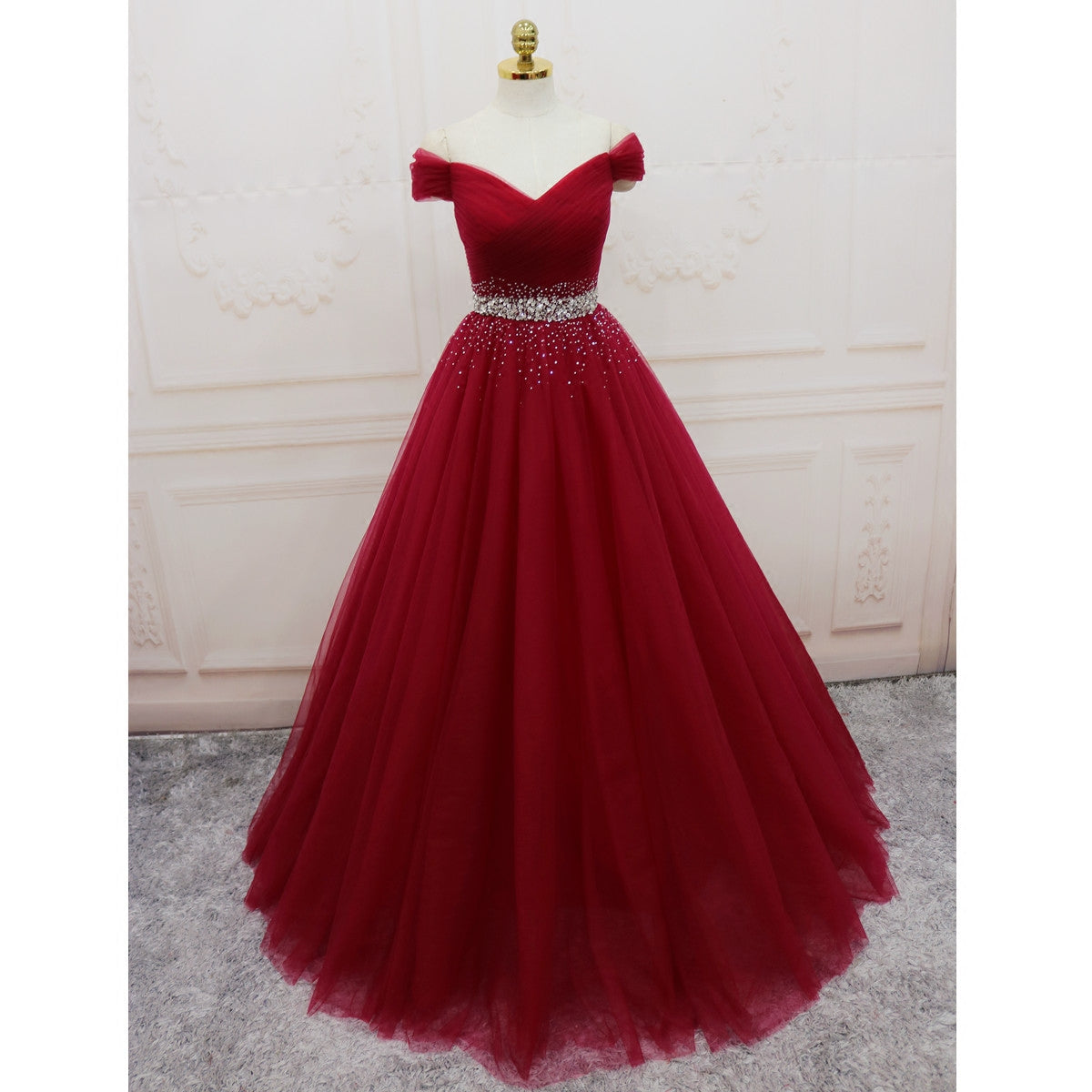 Beautiful Burgundy Long Tulle Off Shoulder Prom Dress