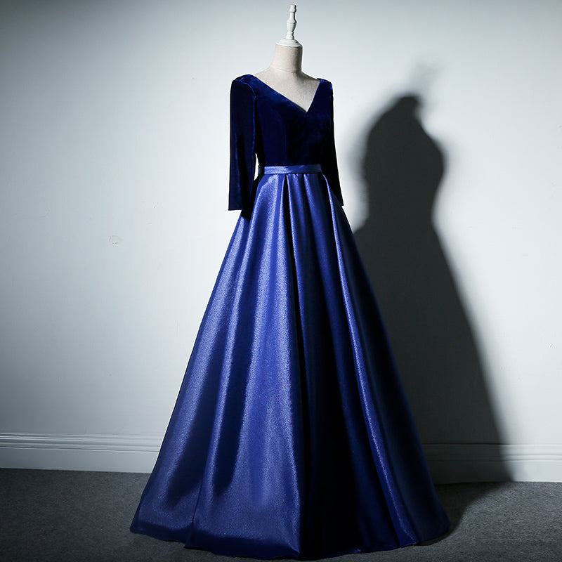 Pretty Royal Blue Long Sleeves Satin with Velvet Party Dress