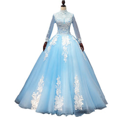 Vestido de tul con encaje y mangas largas azul para quinceañeras 
