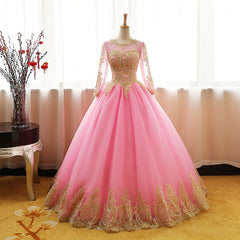 Pink Long Sleeves Tulle Round Neckline Sweet 16 Dresses
