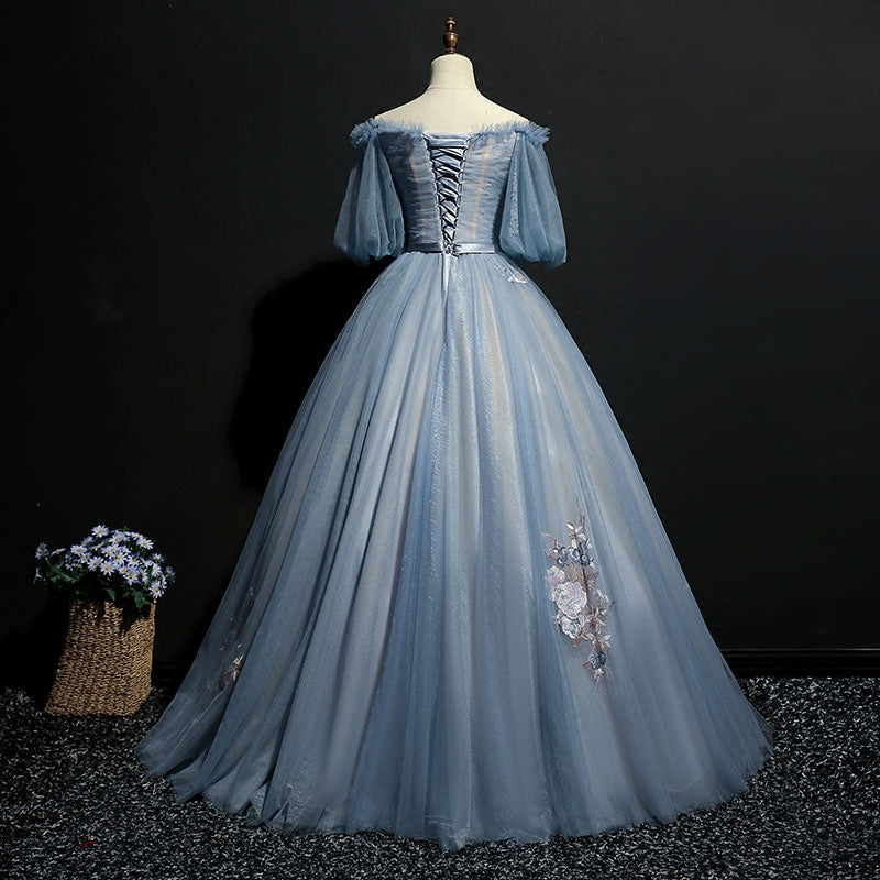 Blue Short Sleeves Long Tulle with Flower Applique Party Dress
